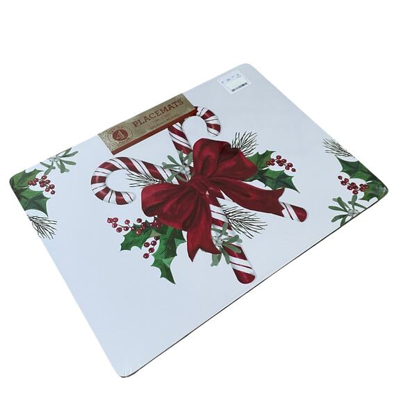 Candy Cane Red Bow Corked Backed Placemats 12in x 16in  Set of 4 Holiday New - Picture 4 of 13
